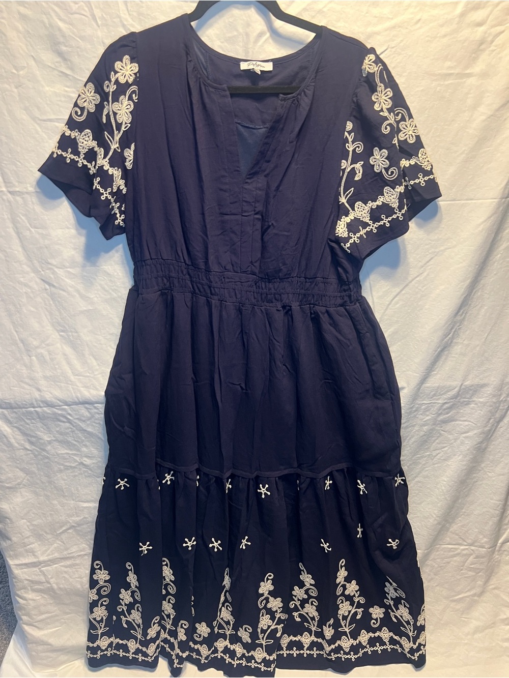 Polagram Navy Embroidered Tiered Midi Dress with White Floral Detail. NEW 1XL